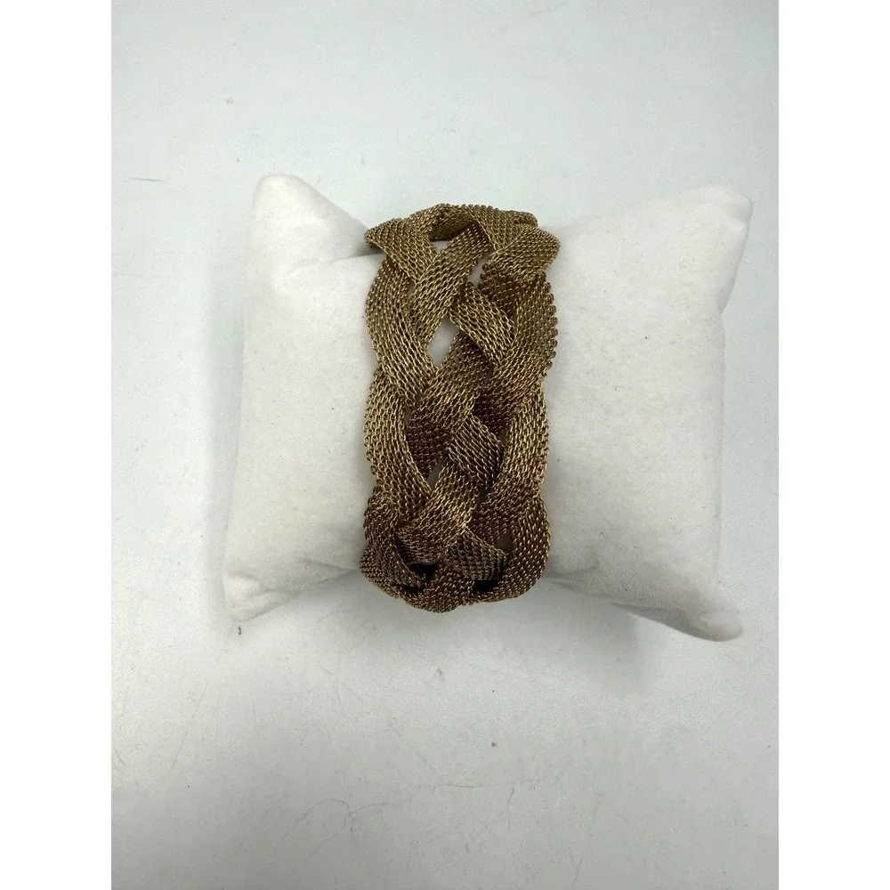 Vintage Gold Tone Braided Mesh Statement Cuff Bracelet Magnetic Clasp 7.5 Inch